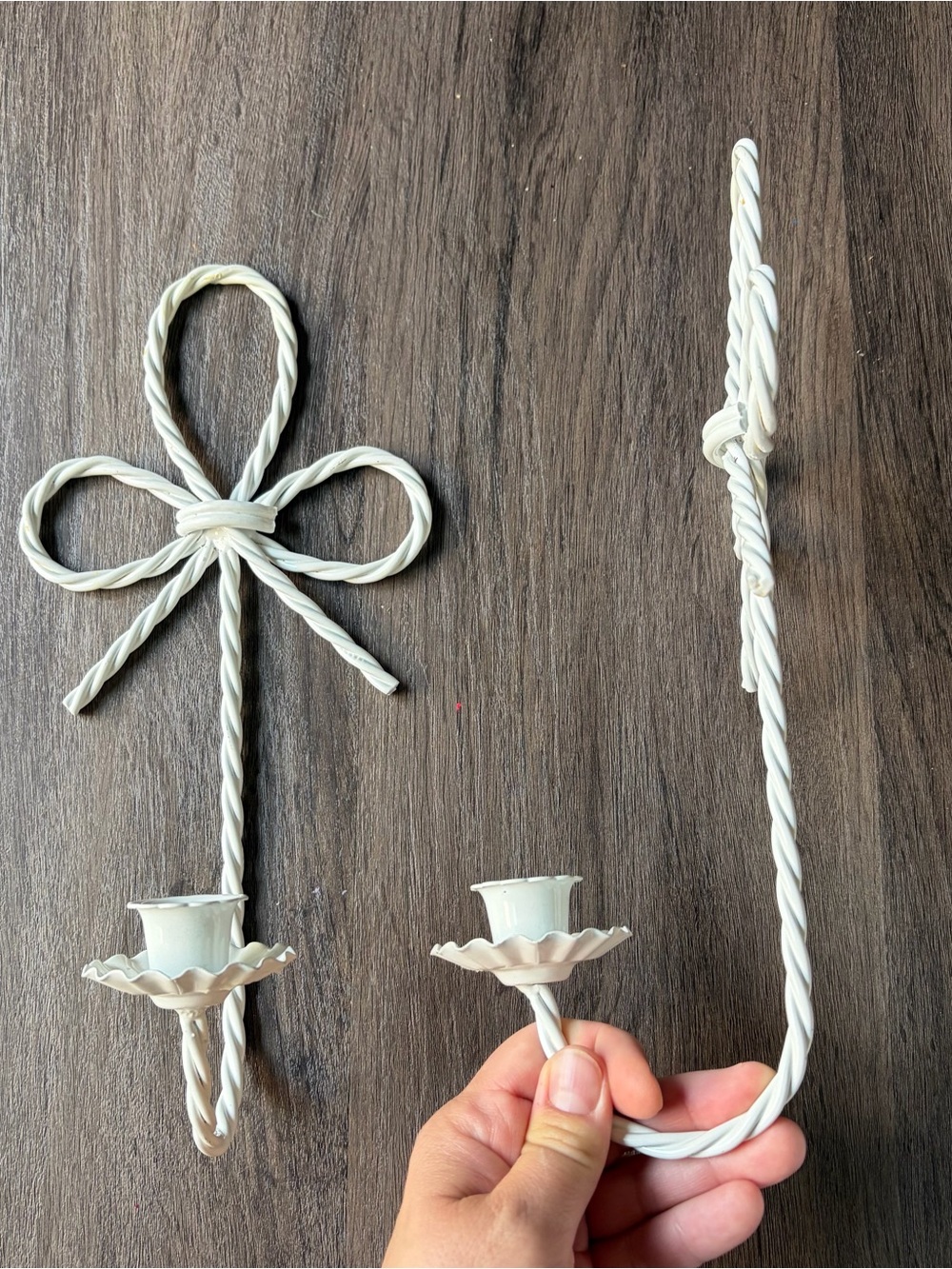 VTG Shabby Chic Bow Wall Candle Sconces White Metal Cottagecore Retro Girlhood - Picture 4 of 6